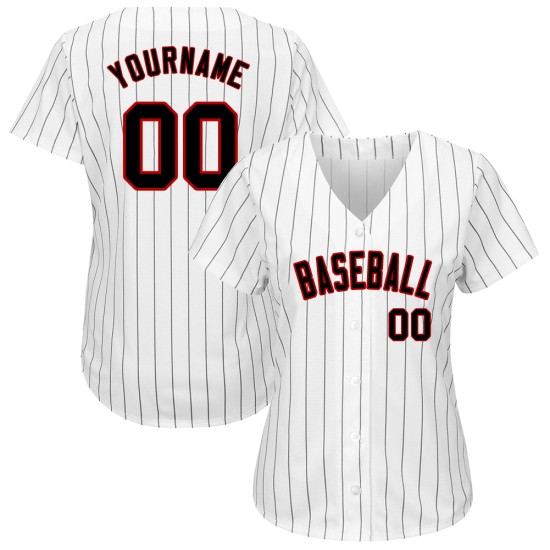 Maillot de baseball personnalisé à rayures fines, blanc, noir et rouge, authentique Maillot de baseball personnalisé à rayures fines, blanc, noir et rouge, authentique
