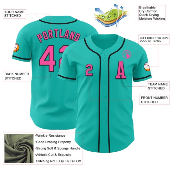 Maillot de baseball Aqua authentique rose-noir personnalisé Maillot de baseball Aqua authentique rose-noir personnalisé