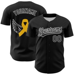 Maillot de baseball personnalisé pour enfant avec ruban blanc-jaune contre le cancer, noir, 3D, or authentique