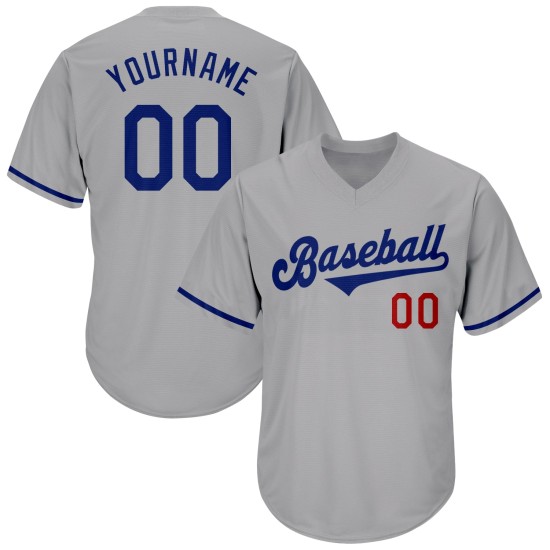 Maillot de baseball personnalisé authentique, rétro, rouge royal, côtelé, gris Maillot de baseball personnalisé authentique, rétro, rouge royal, côtelé, gris