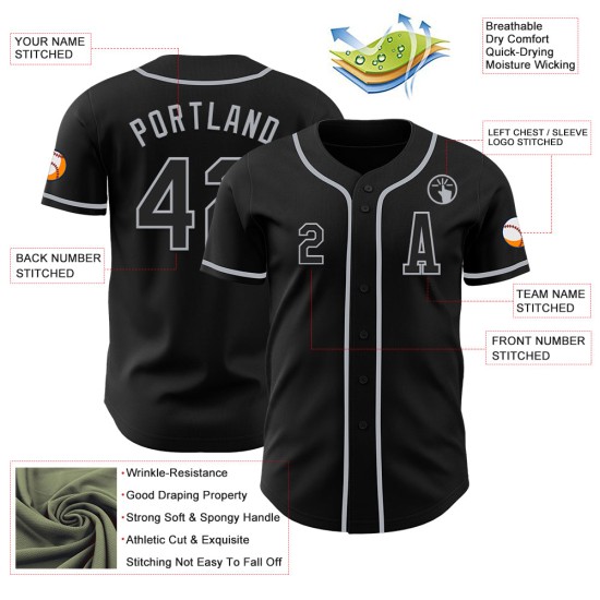Maillot de baseball gris authentique personnalisé noir Maillot de baseball gris authentique personnalisé noir