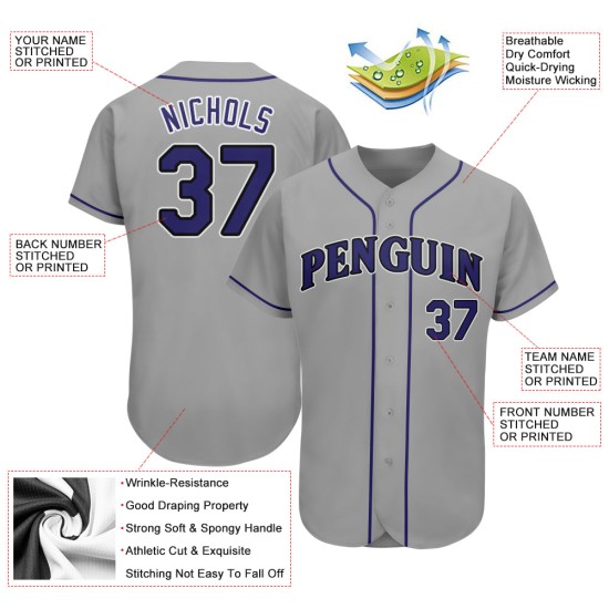 Maillot de baseball violet-noir gris authentique personnalisé Maillot de baseball violet-noir gris authentique personnalisé