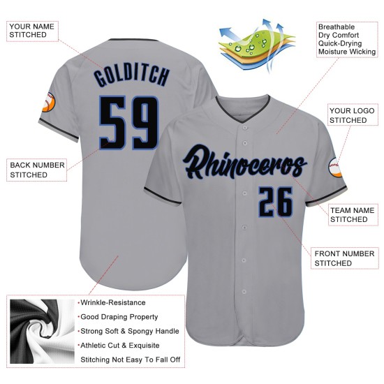 Maillot de baseball gris authentique noir-bleu personnalisé Maillot de baseball gris authentique noir-bleu personnalisé