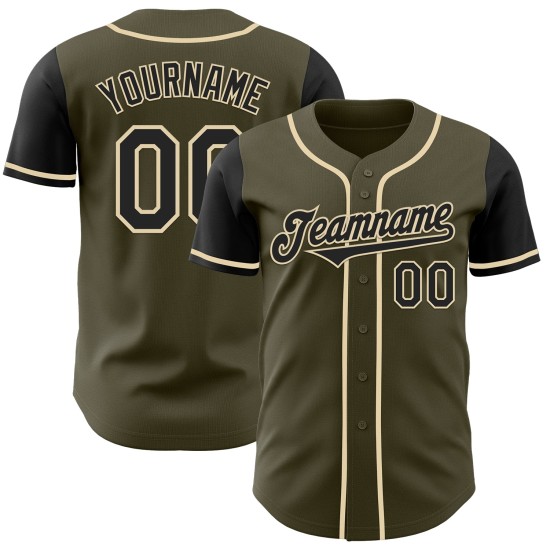Maillot de baseball personnalisé à deux tons, authentique Salute, olive, noir et crème Maillot de baseball personnalisé à deux tons, authentique Salute, olive, noir et crème