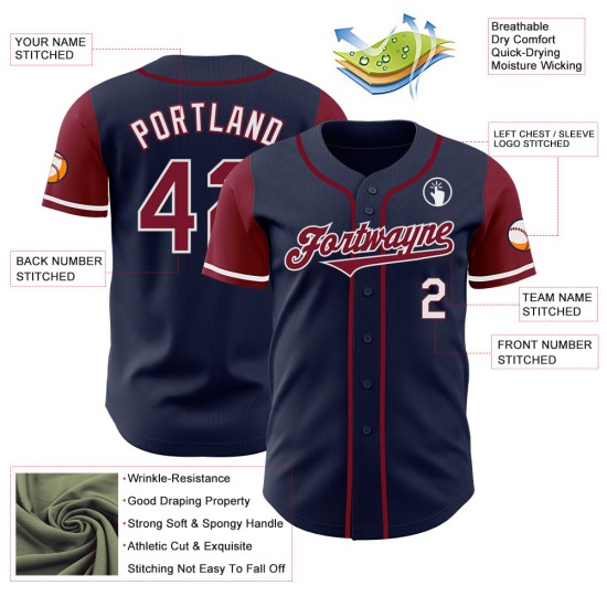 Maillot de baseball authentique bicolore bleu marine, cramoisi et blanc Maillot de baseball authentique bicolore bleu marine, cramoisi et blanc