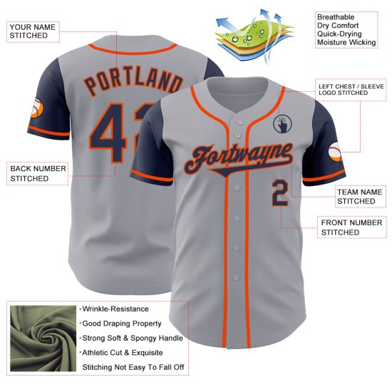 Maillot de baseball gris bleu marine et orange authentique personnalisé bicolore Maillot de baseball gris bleu marine et orange authentique personnalisé bicolore