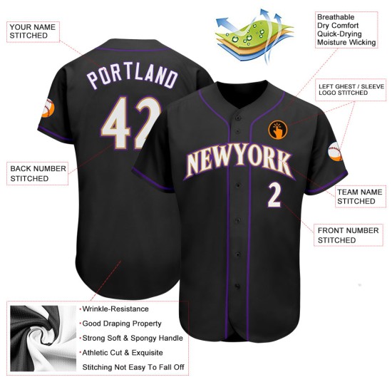 Maillot de baseball personnalisé blanc-violet-noir authentique Maillot de baseball personnalisé blanc-violet-noir authentique