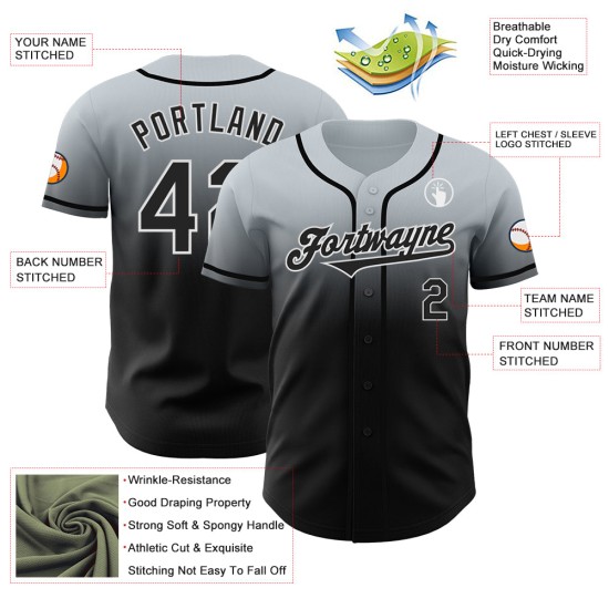 Maillot de baseball argenté authentique, personnalisé, noir et blanc Maillot de baseball argenté authentique, personnalisé, noir et blanc