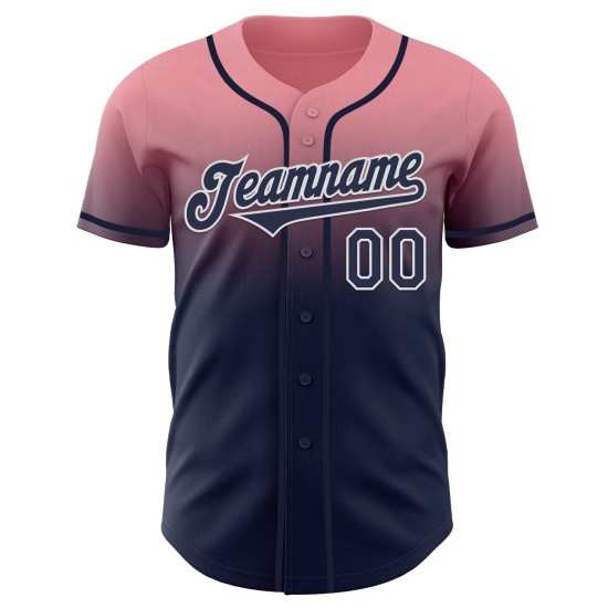 Maillot de baseball authentique bleu marine et blanc, dégradé personnalisé, rose moyen Maillot de baseball authentique bleu marine et blanc, dégradé personnalisé, rose moyen