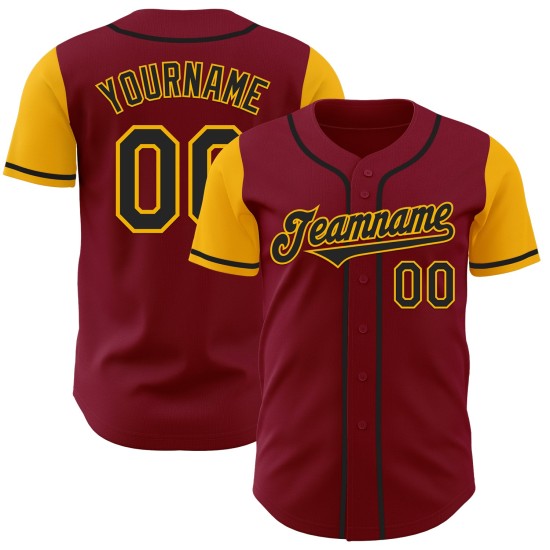 Maillot de baseball personnalisé noir et or, deux tons cramoisis authentiques Maillot de baseball personnalisé noir et or, deux tons cramoisis authentiques