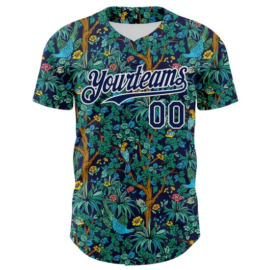 Maillot de baseball 3D Hawaii Tropical authentique bleu marine et blanc, motif Jungle Bird Maillot de baseball 3D Hawaii Tropical authentique bleu marine et blanc, motif Jungle Bird