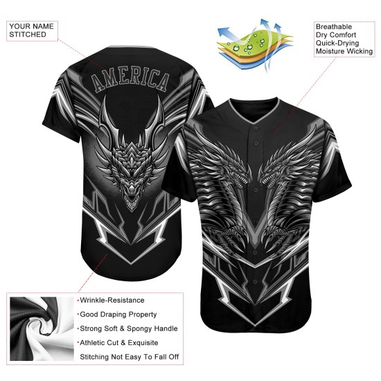 Maillot de baseball 3D authentique et personnalisé Monster noir et gris Maillot de baseball 3D authentique et personnalisé Monster noir et gris