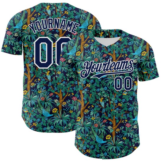 Maillot de baseball 3D Hawaii Tropical authentique bleu marine et blanc, motif Jungle Bird Maillot de baseball 3D Hawaii Tropical authentique bleu marine et blanc, motif Jungle Bird