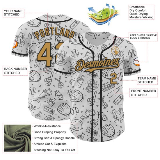 Maillot de baseball 3D blanc authentique, motif gribouillis ancien, design personnalisé, bande dessinée, or et noir Maillot de baseball 3D blanc authentique, motif gribouillis ancien, design personnalisé, bande dessinée, or et noir