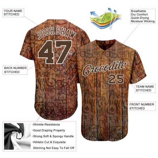 Maillot de baseball personnalisé marron-blanc avec motif authentique de graffiti 3D en bois Maillot de baseball personnalisé marron-blanc avec motif authentique de graffiti 3D en bois