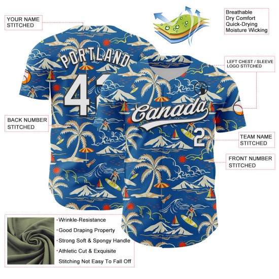 Maillot de baseball personnalisé Tree Beach Tropical Island Palm, blanc-noir, 3D Hawaii, bleu authentique Maillot de baseball personnalisé Tree Beach Tropical Island Palm, blanc-noir, 3D Hawaii, bleu authentique
