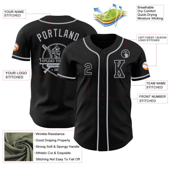 Maillot de baseball gris authentique personnalisé noir Maillot de baseball gris authentique personnalisé noir
