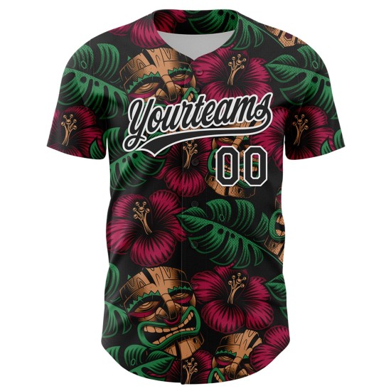 Maillot de baseball personnalisé 3D authentique avec feuilles blanches, fleurs noires, jungle hawaïenne tropicale Maillot de baseball personnalisé 3D authentique avec feuilles blanches, fleurs noires, jungle hawaïenne tropicale