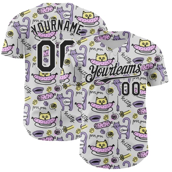 Maillot blanc et 3D authentique, motif animal drôle de baseball, motif dessin animé personnalisé, chat, chien, noir Maillot blanc et 3D authentique, motif animal drôle de baseball, motif dessin animé personnalisé, chat, chien, noir