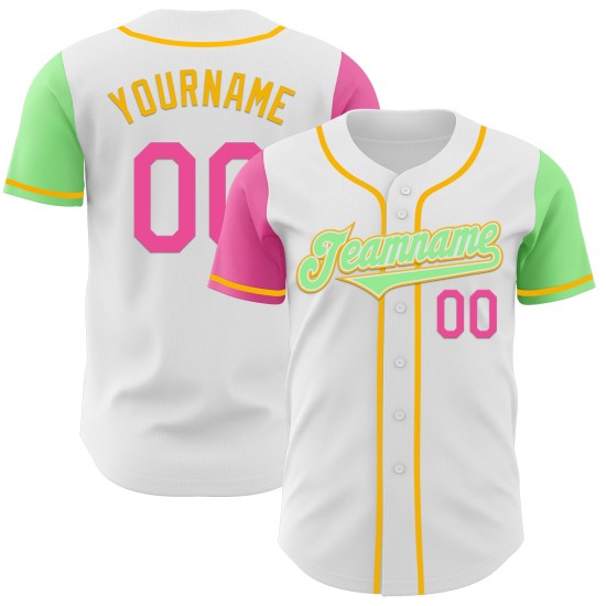 Maillot de baseball authentique à pois, ton deux, blanc, rose, vert et or Maillot de baseball authentique à pois, ton deux, blanc, rose, vert et or