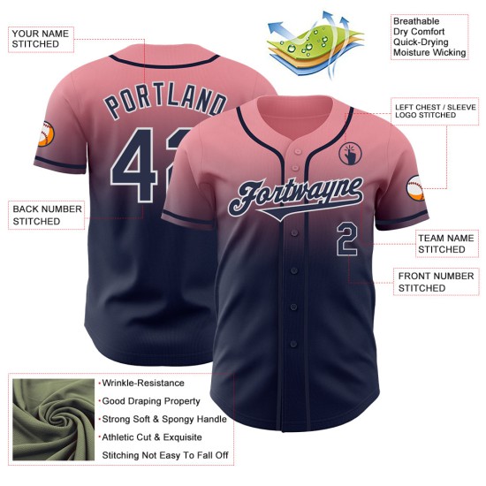 Maillot de baseball authentique bleu marine et blanc, dégradé personnalisé, rose moyen Maillot de baseball authentique bleu marine et blanc, dégradé personnalisé, rose moyen
