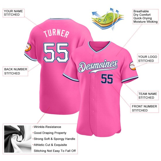 Maillot de baseball personnalisé authentique rose blanc bleu marine Maillot de baseball personnalisé authentique rose blanc bleu marine