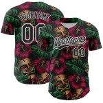 Maillot de baseball personnalisé 3D authentique avec feuilles blanches, fleurs noires, jungle hawaïenne tropicale Maillot de baseball personnalisé 3D authentique avec feuilles blanches, fleurs noires, jungle hawaïenne tropicale