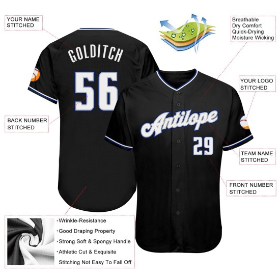 Maillot de baseball authentique noir personnalisé blanc-bleu roi Maillot de baseball authentique noir personnalisé blanc-bleu roi