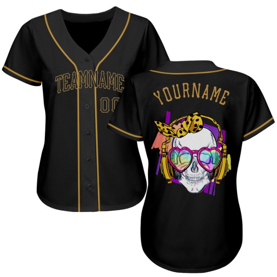 Maillot de baseball authentique personnalisé avec tête de mort noire et or à l'ancienne Maillot de baseball authentique personnalisé avec tête de mort noire et or à l'ancienne
