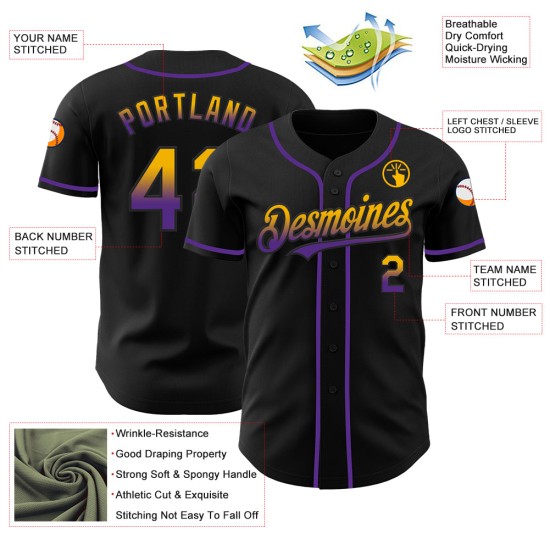 Maillot de baseball personnalisé délavé, noir, doré et violet Maillot de baseball personnalisé délavé, noir, doré et violet