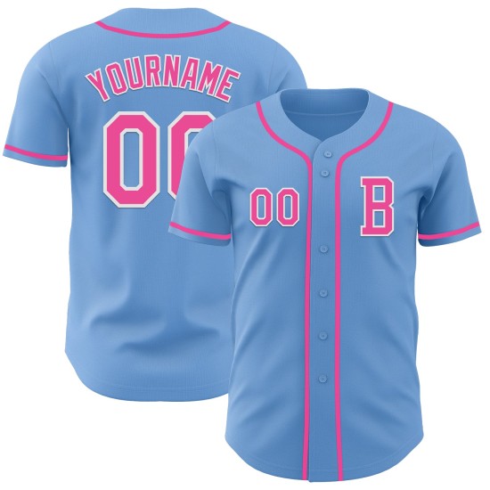 Maillot de baseball authentique rose-blanc personnalisé bleu clair Maillot de baseball authentique rose-blanc personnalisé bleu clair