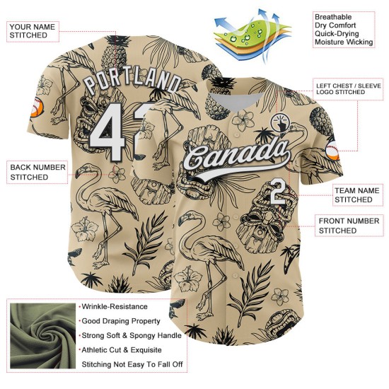 Maillot de baseball tropical 3D crème blanc-noir personnalisé Plant City et authentique Hawaii, motif flamant rose Maillot de baseball tropical 3D crème blanc-noir personnalisé Plant City et authentique Hawaii, motif flamant rose