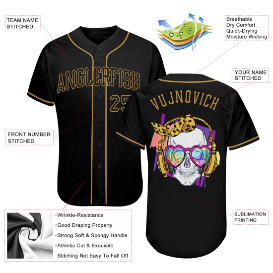 Maillot de baseball authentique personnalisé avec tête de mort noire et or à l'ancienne Maillot de baseball authentique personnalisé avec tête de mort noire et or à l'ancienne