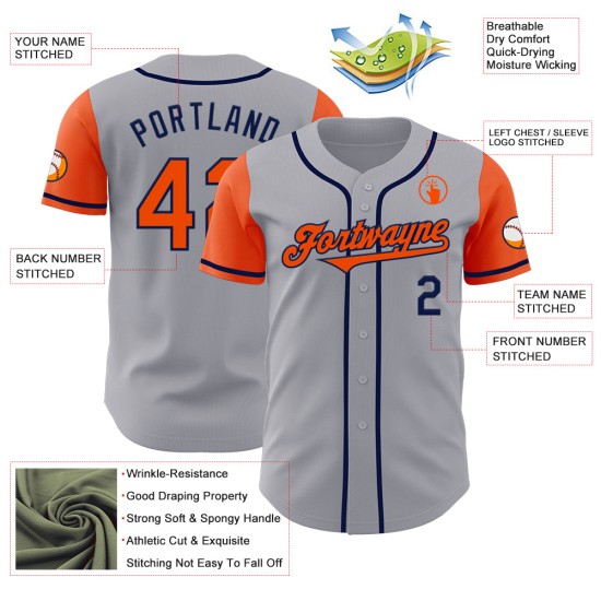 Maillot de baseball personnalisé authentique orange-bleu marine deux gris Maillot de baseball personnalisé authentique orange-bleu marine deux gris