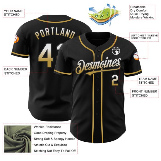 Maillot de baseball Gold authentique, blanc et noir délavé, personnalisé Maillot de baseball Gold authentique, blanc et noir délavé, personnalisé