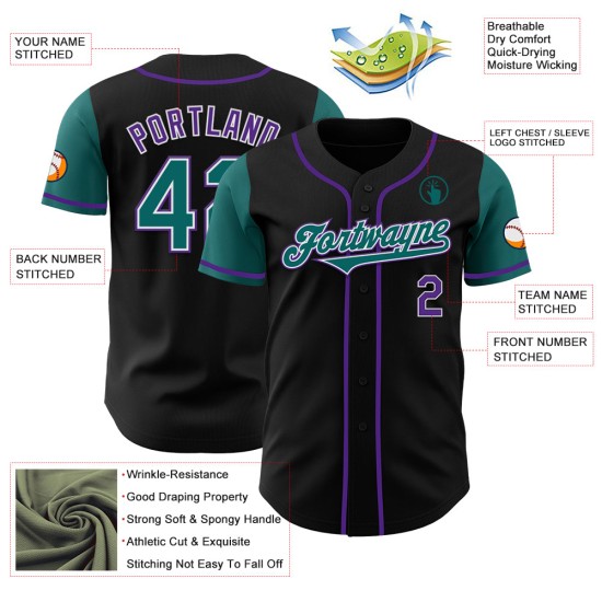 Maillot de baseball authentique personnalisé deux tons noir sarcelle-violet Maillot de baseball authentique personnalisé deux tons noir sarcelle-violet