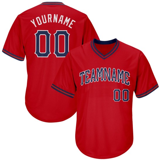 Maillot de baseball rouge authentique et personnalisé, en tricot côtelé, bleu marine et blanc Maillot de baseball rouge authentique et personnalisé, en tricot côtelé, bleu marine et blanc