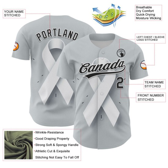 Maillot de baseball personnalisé 3D avec ruban gris et cancer du poumon, noir et blanc Maillot de baseball personnalisé 3D avec ruban gris et cancer du poumon, noir et blanc