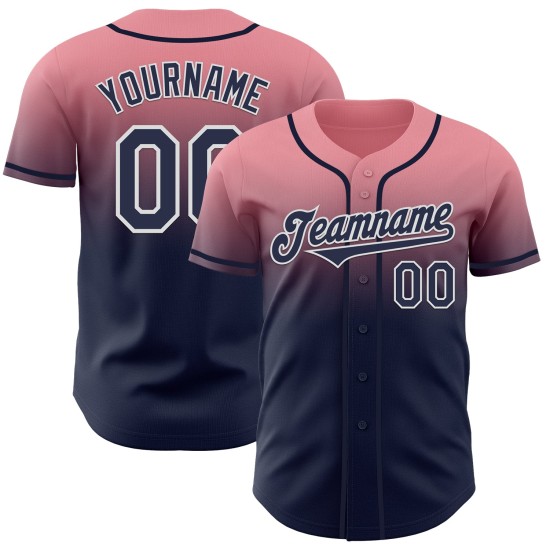 Maillot de baseball authentique bleu marine et blanc, dégradé personnalisé, rose moyen Maillot de baseball authentique bleu marine et blanc, dégradé personnalisé, rose moyen