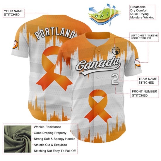 Ruban 3D personnalisé et authentique pour le cancer du rein, orange et noir, style baseball, blanc Ruban 3D personnalisé et authentique pour le cancer du rein, orange et noir, style baseball, blanc