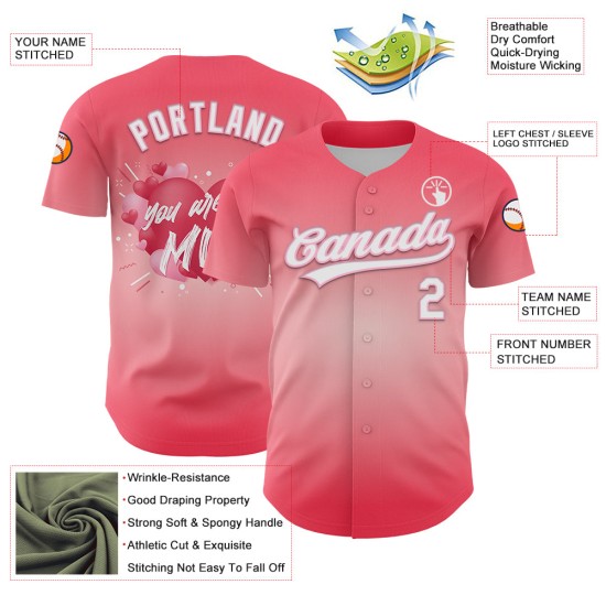Coeur personnalisé moyen Saint-Valentin 3D rose blanc-lumière Jersey Baseball Day Authentic Love Pink Coeur personnalisé moyen Saint-Valentin 3D rose blanc-lumière Jersey Baseball Day Authentic Love Pink