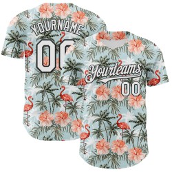 Maillot de baseball personnalisé flamant rose 3D blanc-noir, motif palmier, authentique, bleu tropical hawaïen