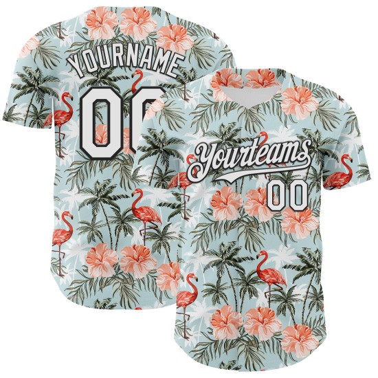 Maillot de baseball personnalisé flamant rose 3D blanc-noir, motif palmier, authentique, bleu tropical hawaïen Maillot de baseball personnalisé flamant rose 3D blanc-noir, motif palmier, authentique, bleu tropical hawaïen