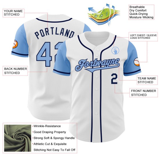 Maillot de baseball bleu marine et blanc authentique de couleur claire, deux modèles personnalisés Maillot de baseball bleu marine et blanc authentique de couleur claire, deux modèles personnalisés