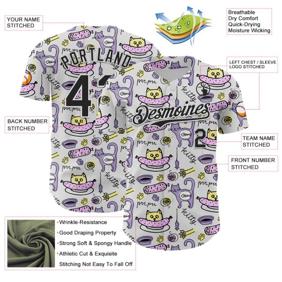 Maillot blanc et 3D authentique, motif animal drôle de baseball, motif dessin animé personnalisé, chat, chien, noir Maillot blanc et 3D authentique, motif animal drôle de baseball, motif dessin animé personnalisé, chat, chien, noir