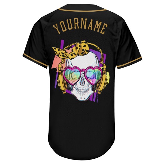 Maillot de baseball authentique personnalisé avec tête de mort noire et or à l'ancienne Maillot de baseball authentique personnalisé avec tête de mort noire et or à l'ancienne