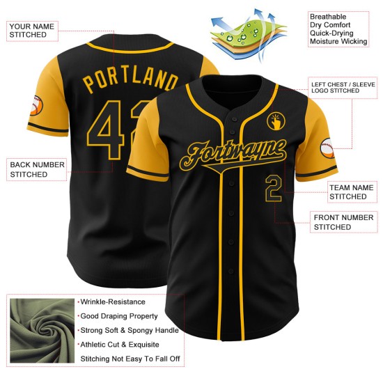 Maillot de baseball doré et noir, ton authentique, personnalisé deux Maillot de baseball doré et noir, ton authentique, personnalisé deux