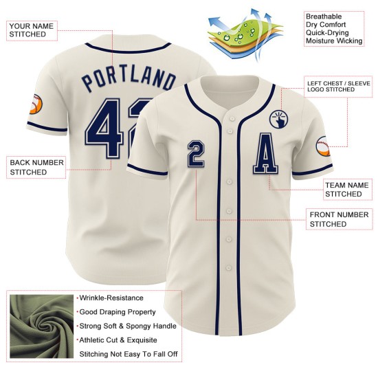 Maillot de baseball personnalisé crème authentique bleu marine Maillot de baseball personnalisé crème authentique bleu marine
