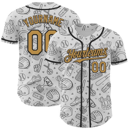 Maillot de baseball 3D blanc authentique, motif gribouillis ancien, design personnalisé, bande dessinée, or et noir Maillot de baseball 3D blanc authentique, motif gribouillis ancien, design personnalisé, bande dessinée, or et noir