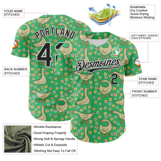Maillot de baseball 3D Meadow Geese authentique vert Emi noir-blanc personnalisé Maillot de baseball 3D Meadow Geese authentique vert Emi noir-blanc personnalisé
